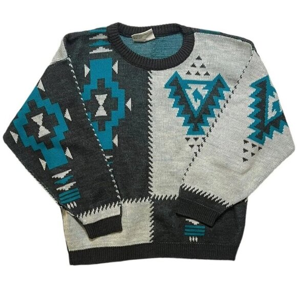 Vintage Justin Allen Size M Pull Over Bold Aztec Southwestern‎ Grey Teal Sweater - Picture 1 of 8